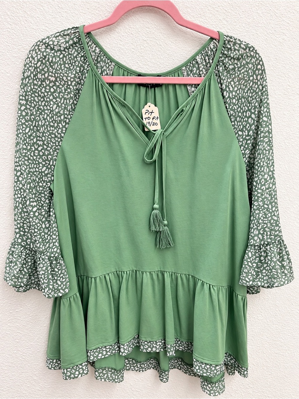 Women's Sage Green Tie-Neck Peasant Tunic with Printed Sleeves